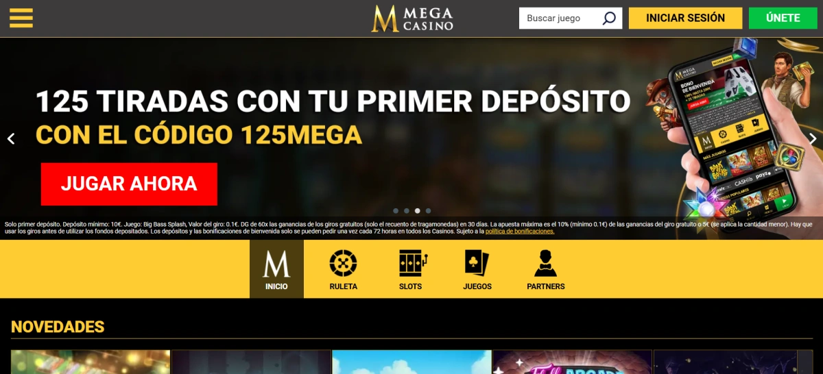 Casino Mega Online España – pantalla de inicio